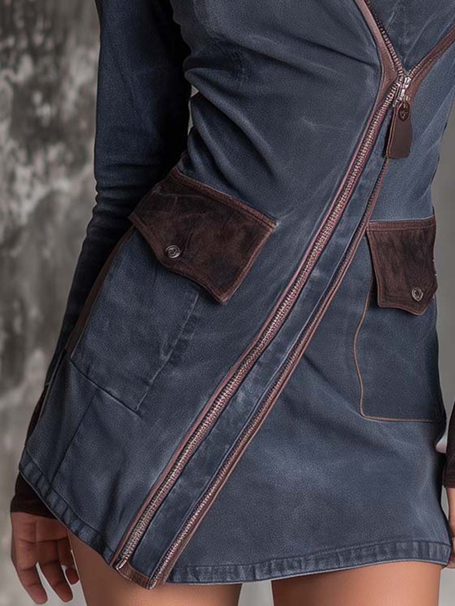 Vintage Washed Patchwork Asymmetrical Zipper Denim Mini Dress