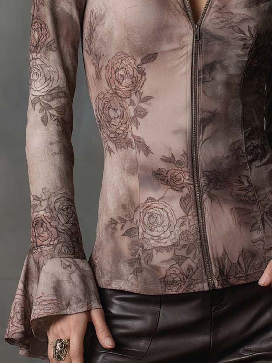 Eco-Suede Rose-Print Fitted Zip Jacket — Desert Botanical Edition