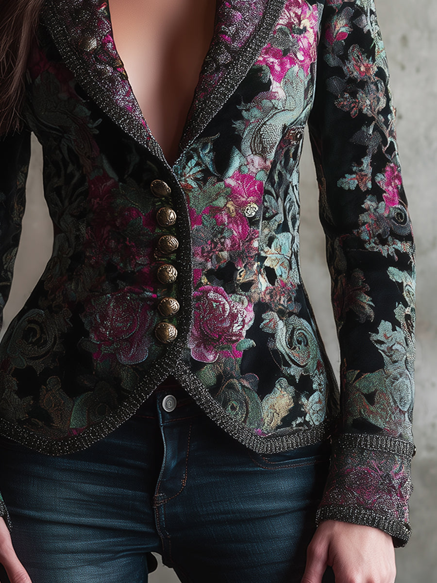 Quietly Luxurious Retro Floral Webbing Decorated Slim Jacket