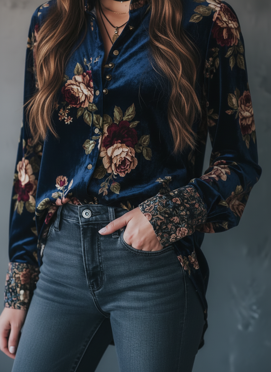 Retro Gold Velvet Floral Print Button-Up Blouse