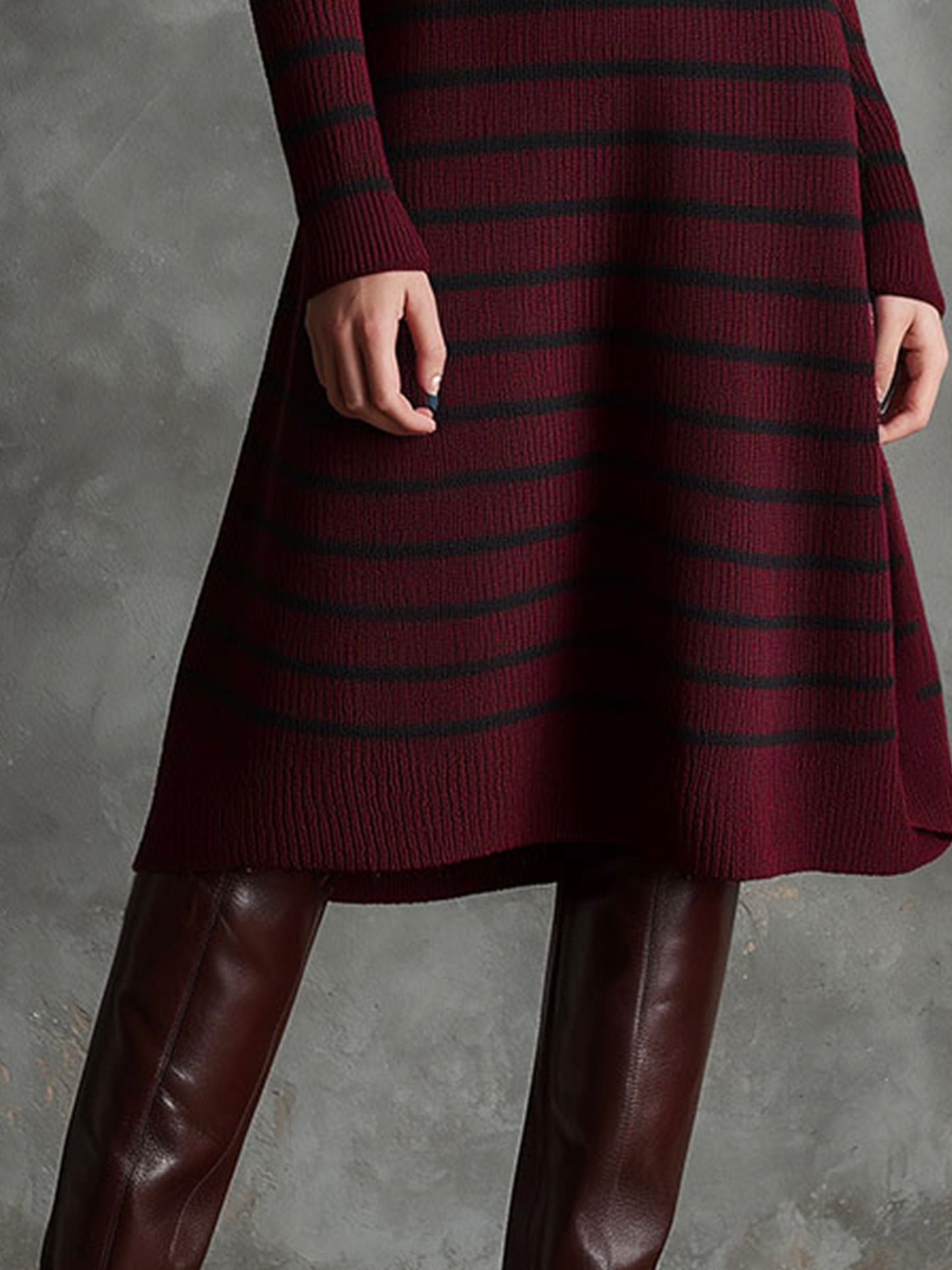 Vintage Burgundy Turtleneck Striped Knit Half-Zip Sweater Dress