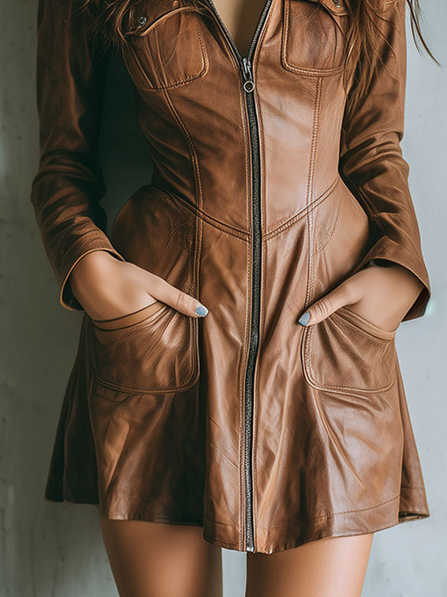 Chic Brown Leather Zip-Up Fitted Mini Dress Coat With Flared Hem