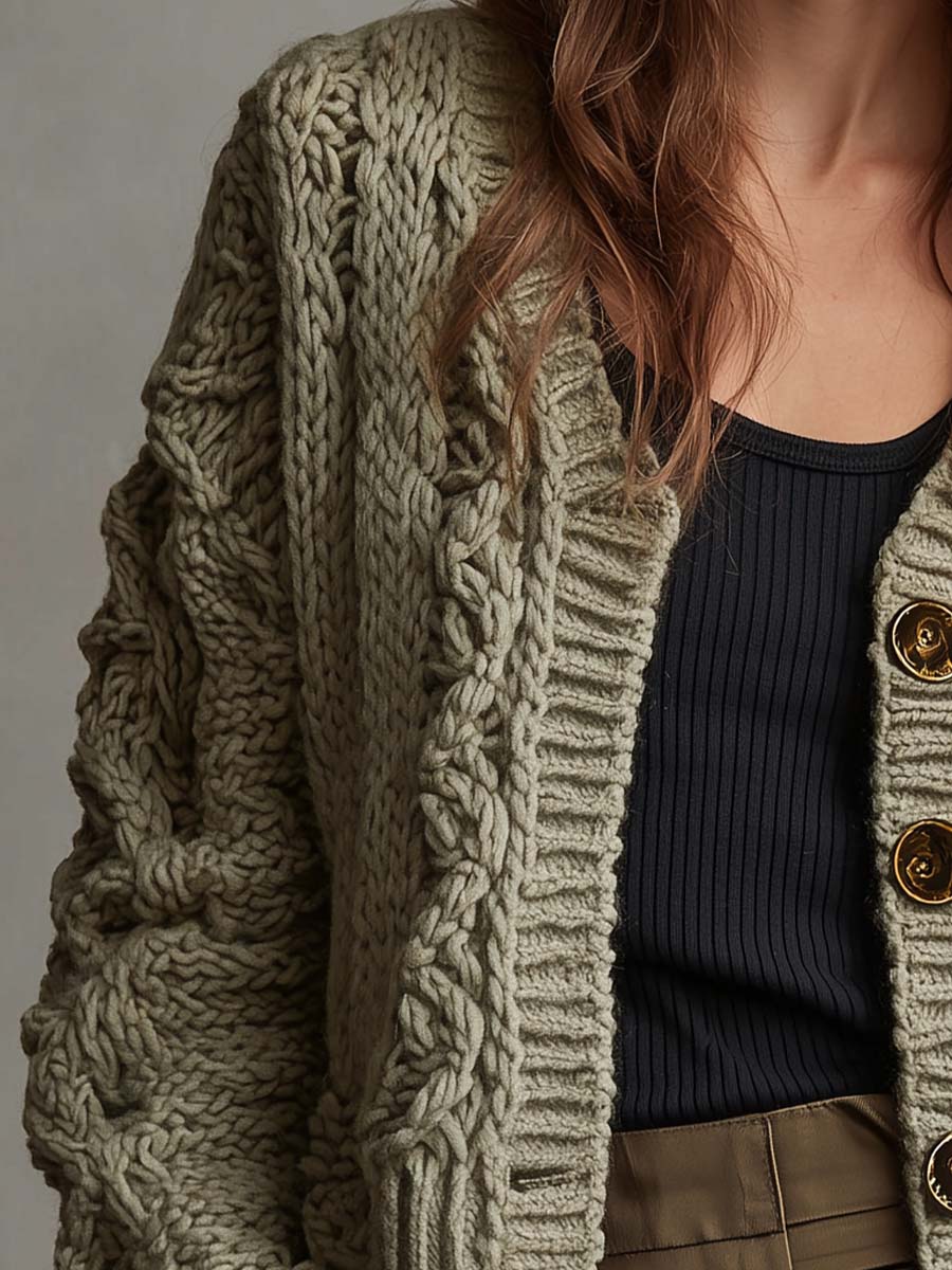 Sage Chunky Twisted Knit Cardigan With Gold Buttons