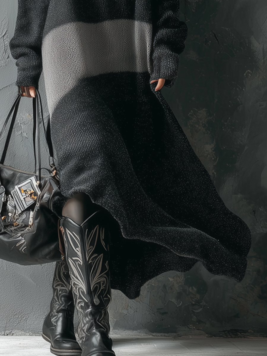 Retro Round Neck Contrast Color Knitted Midi Dress