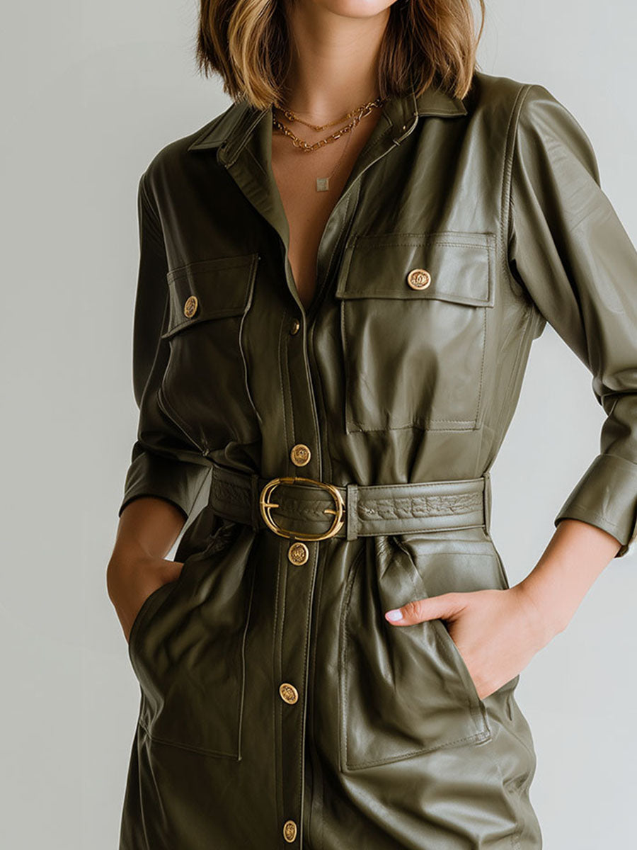 Chic Olive Green Button-Up Eco Leather Belted Shirt Dress With Pockets