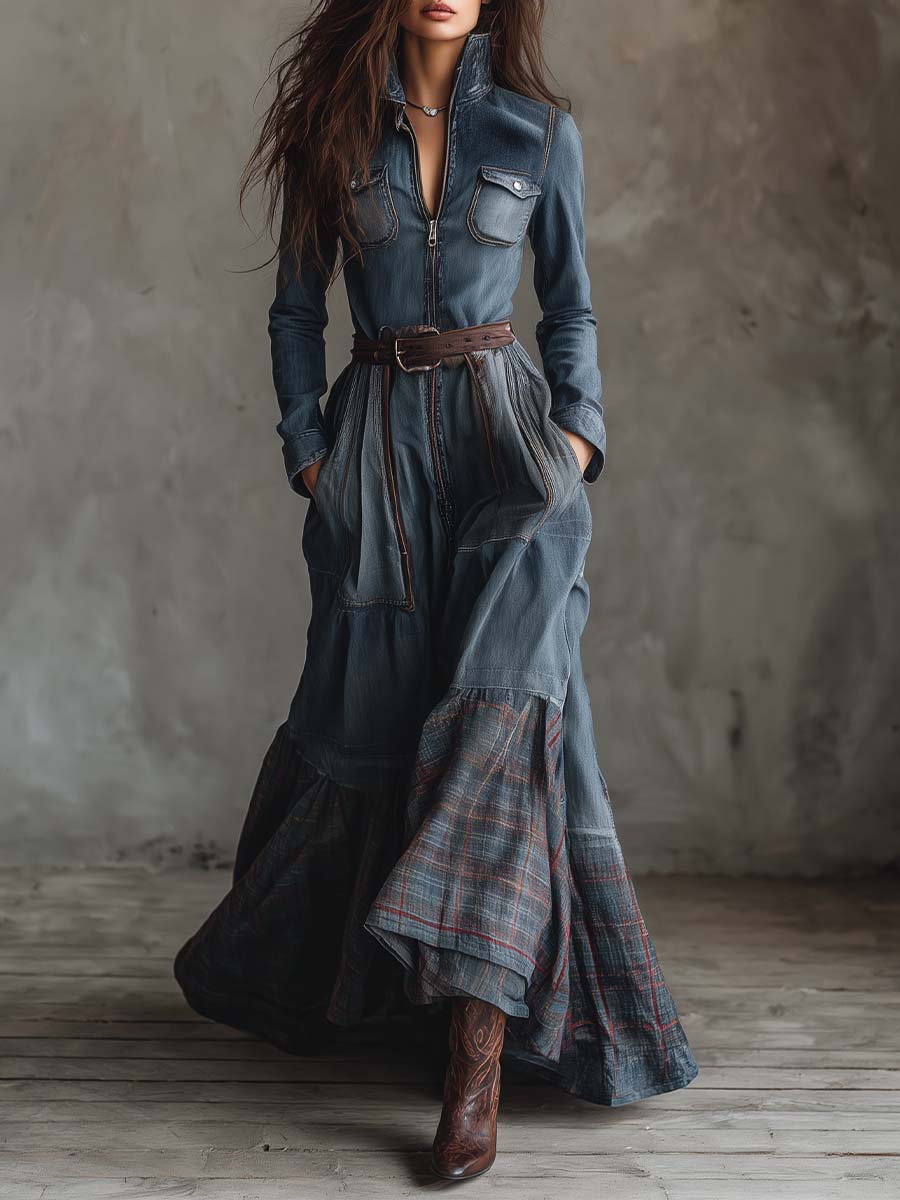 denim patchwork maxi dress Denim Patchwork Maxi Dress With Plaid Hem – BCSHARED