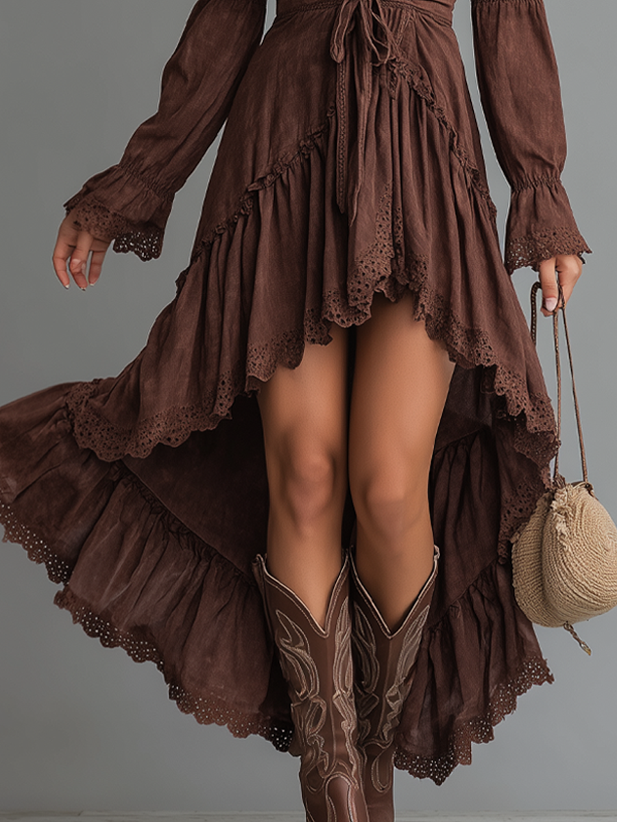 Retro-style Irregular Hem Lace Trim Denim Midi Dress