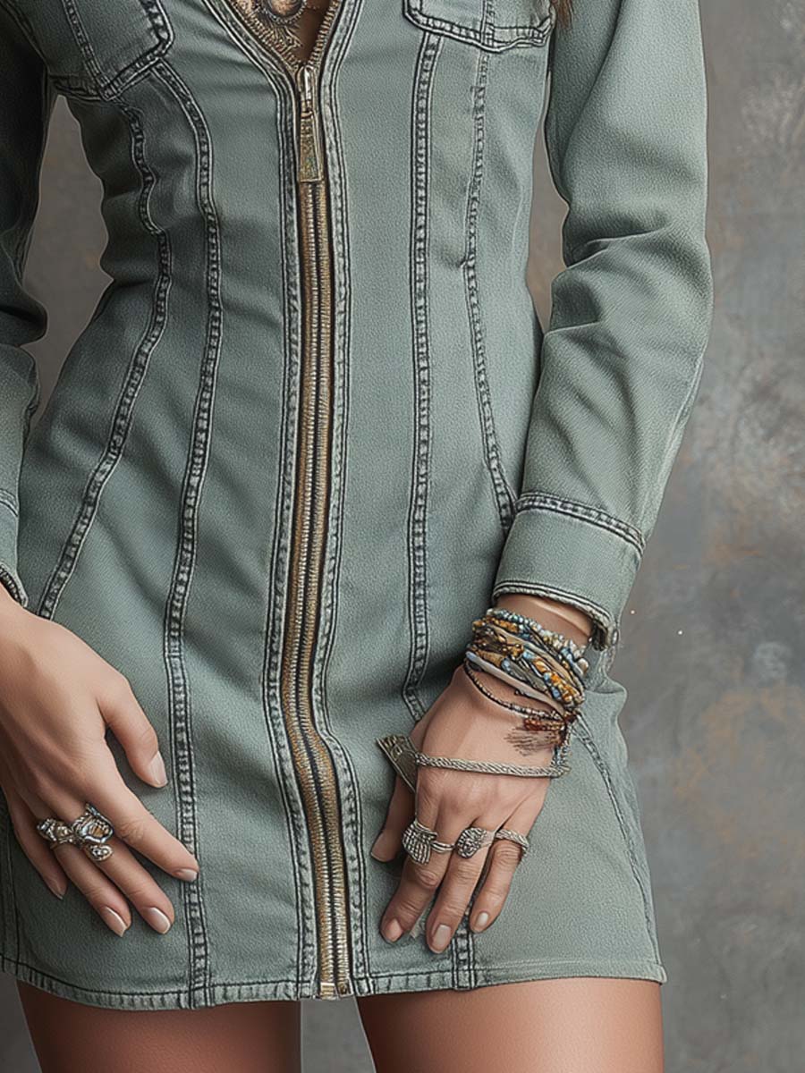 Retro Zip-up Flap Pocket Denim Mini Dress