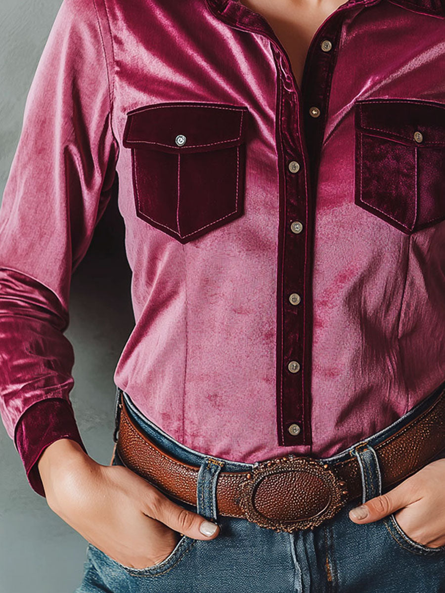 Vintage Rose Pink Velvet Western Long Sleeve Button-Down Shirt