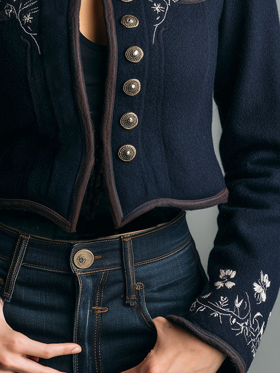 Navy Wool High-Neck Cropped Jacket With Floral Embroidery