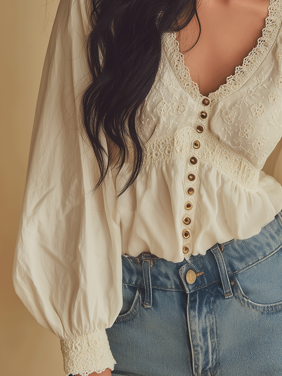Romantic Ivory Lace Trim Button Front Blouse