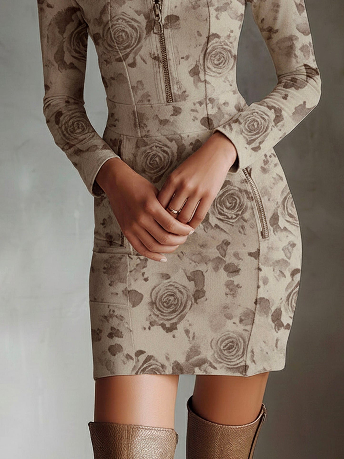 Chic Taupe Subtle Rose Print Microsuede Zip-Up Mini Dress