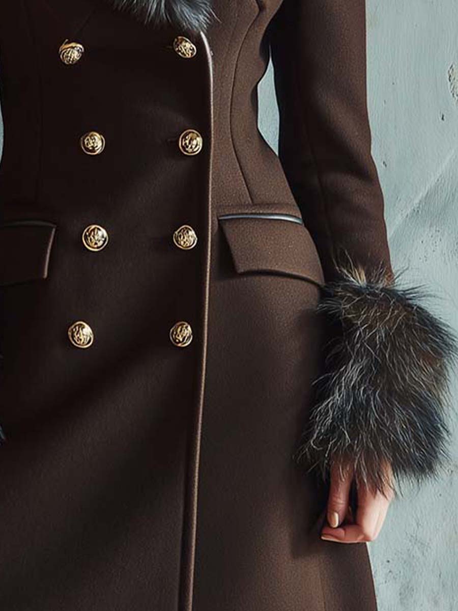 Espresso Brown Wool Blend Long Coat With Faux Fur Collar