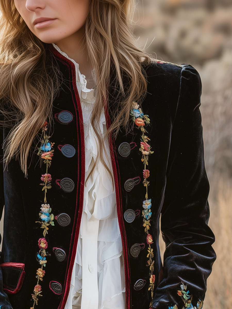 Vintage Floral Embroidered Velvet Blazer