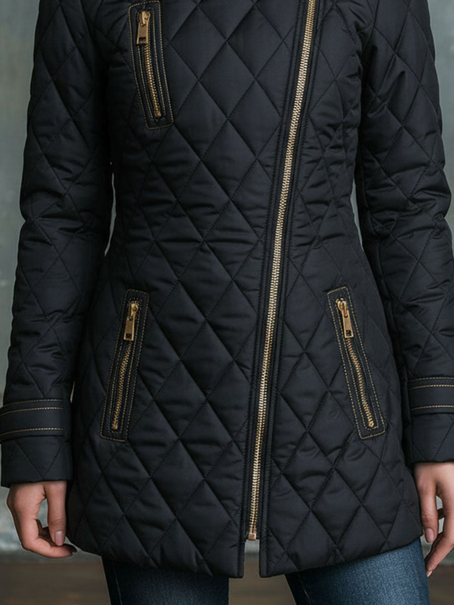 Black Asymmetrical Zip Quilted Jacket With Eco Fur Collar