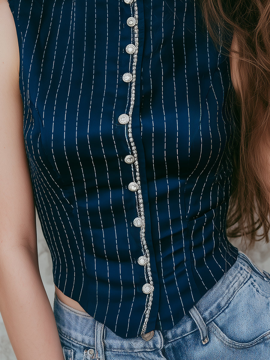 Vintage Striped Satin Stand Collar Silver Web Vest