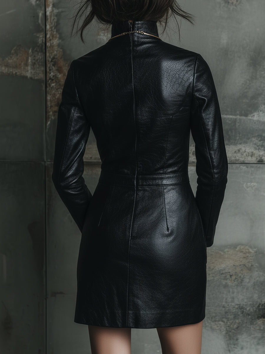 Retro Eco-friendly Leather Stand-up Collar Patch Pocket Mini Dress