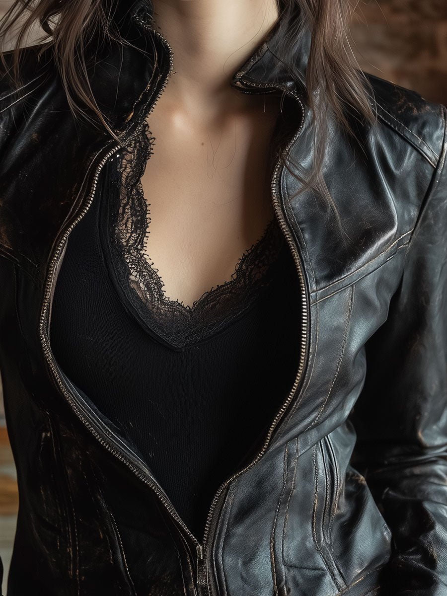 Retro Stand Collar Front Zipper Distressed Jacket