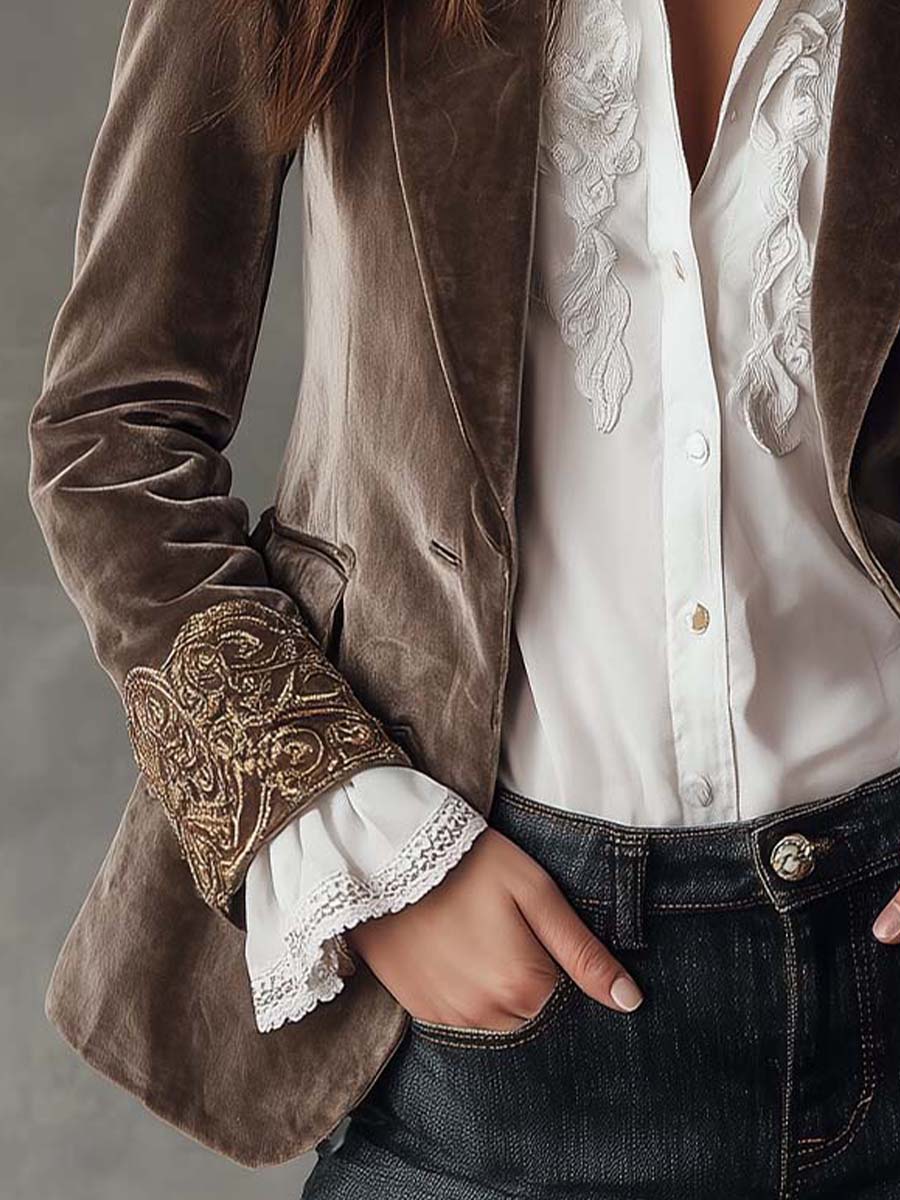 Mink Taupe Embroidered Polyester Velvet Blazer