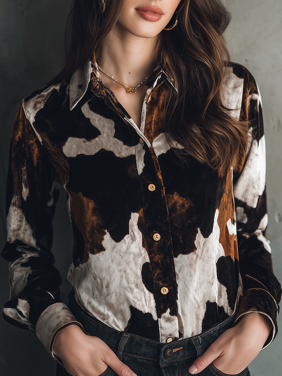 Luxe Texture Velvet Cow Print Button-Up Shirt