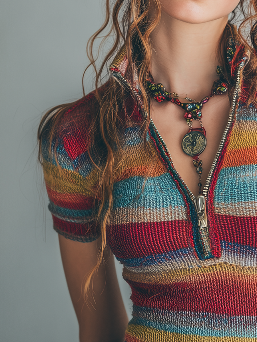 Retro Zipper Collar Colorful Striped Short Sleeve Knitted Blouse
