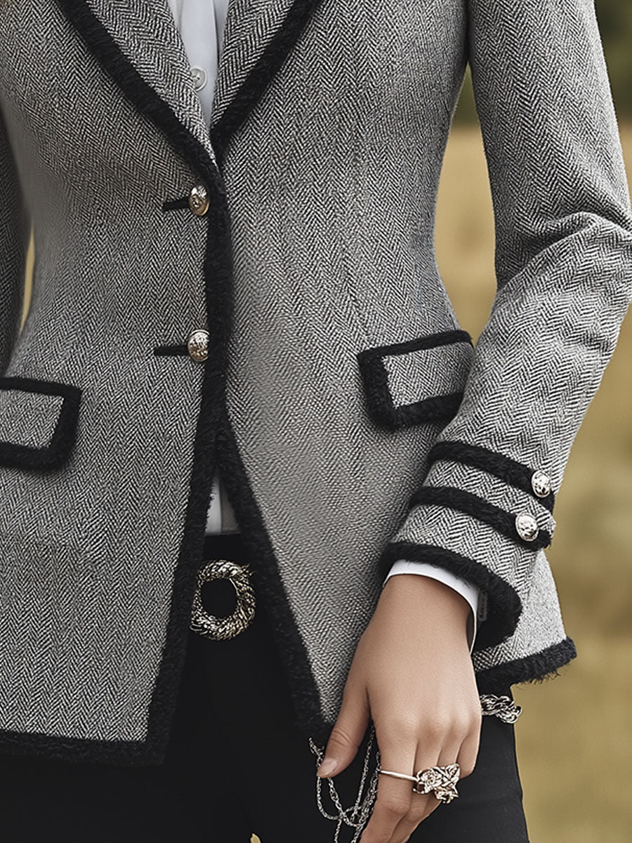 Elegant Herringbone Tweed Tailored Blazer With Contrast Trim