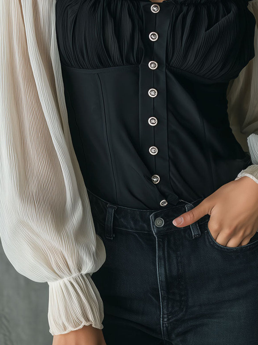 Retro Black Corset Blouse With Contrast Chiffon Sleeves