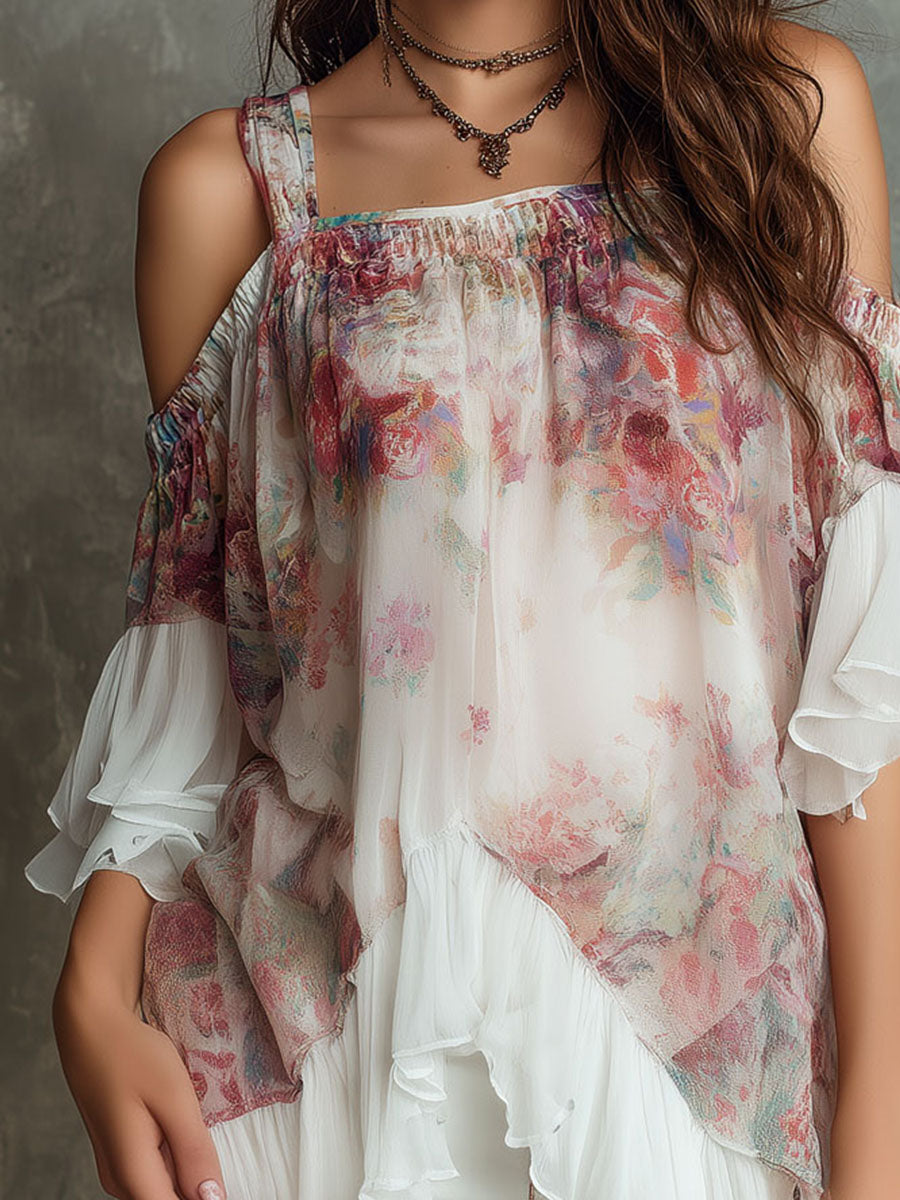 Boho Floral Off-Shoulder Chiffon Blouse With Ruffled Hem