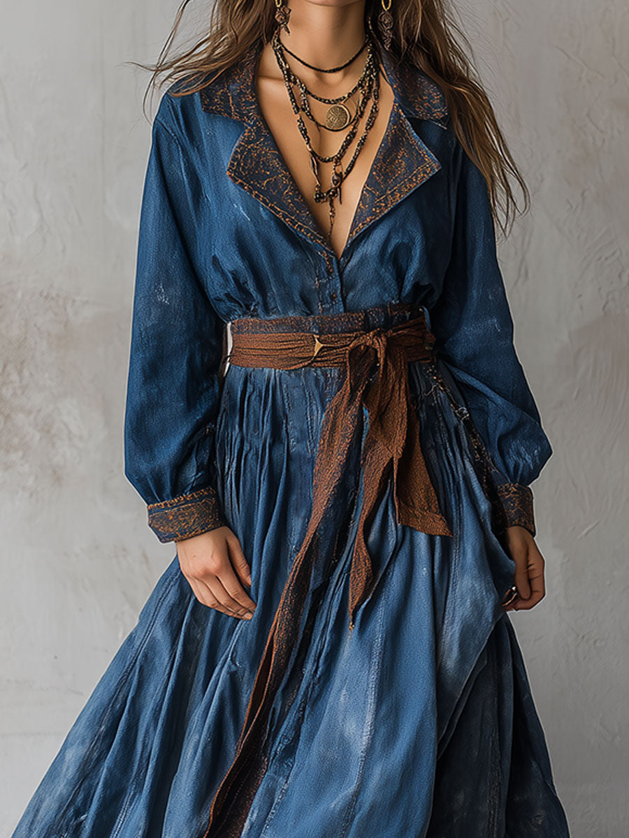 Retro Washed Printed Lapel Denim Maxi Dress