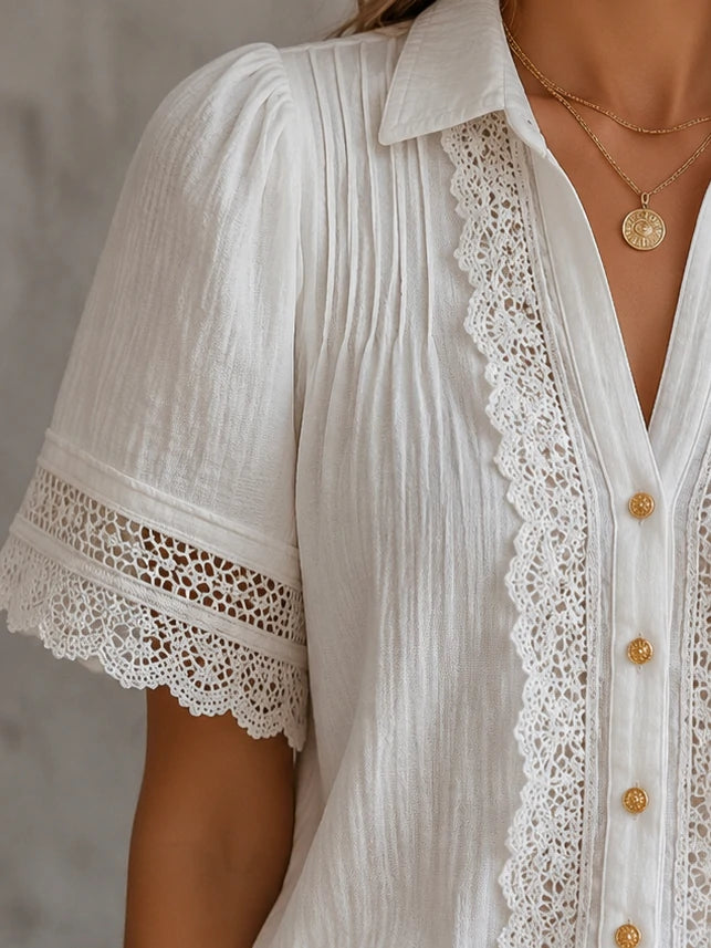 White Lace Trim Pintuck Blouse