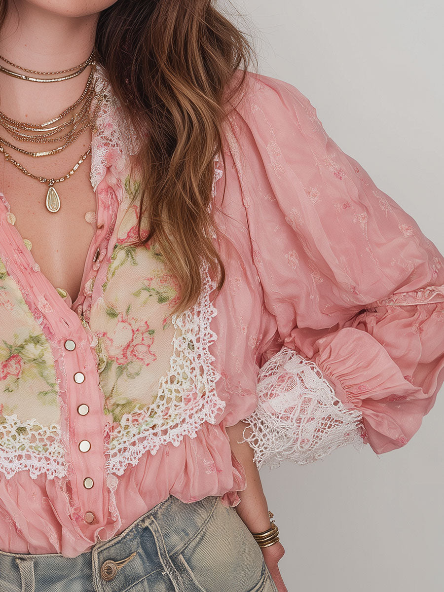 Retro Lace Trim Printed Chiffon Long Sleeve Blouse