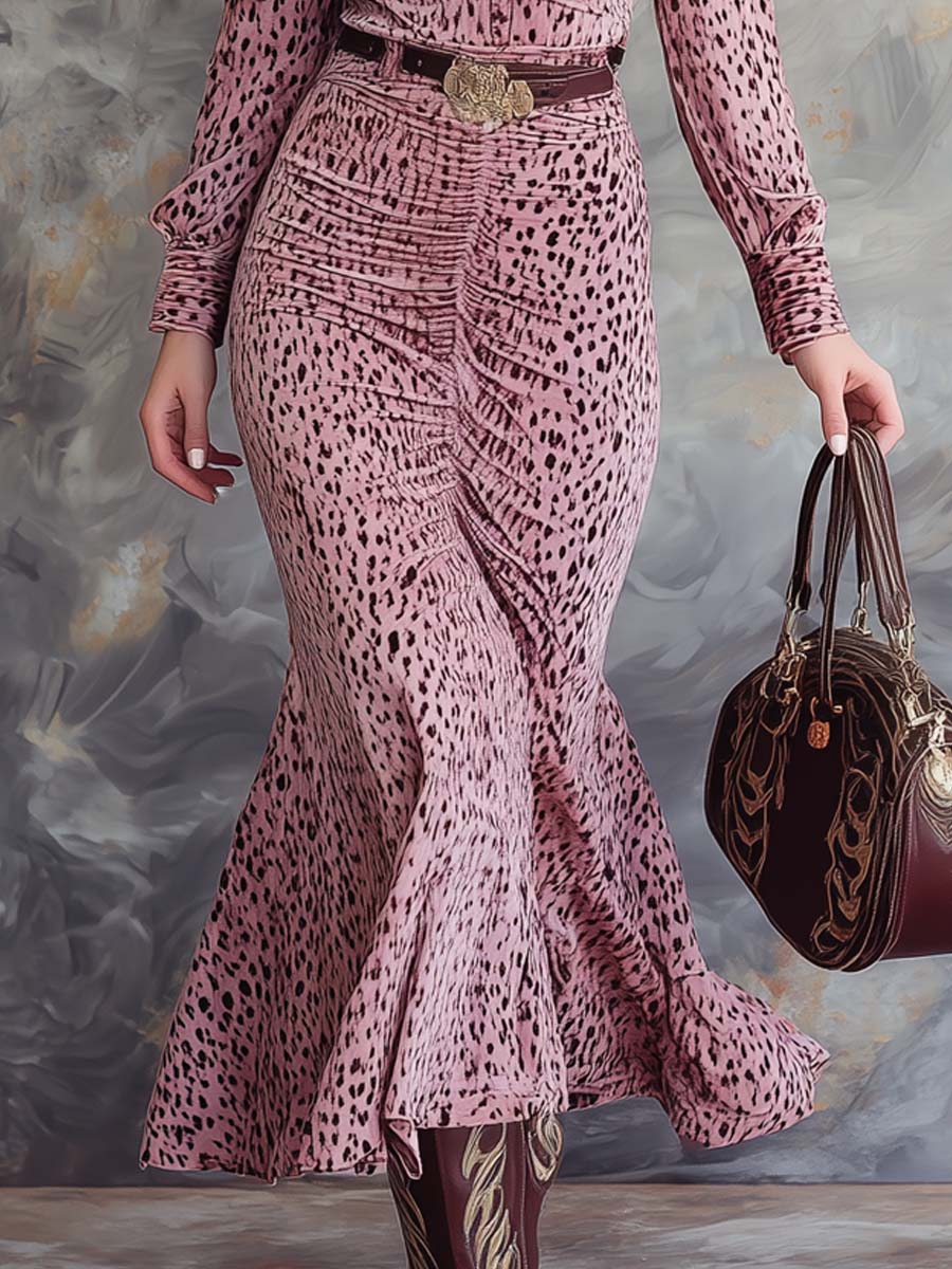 Retro Leopard Print Flare Hem Midi Dress