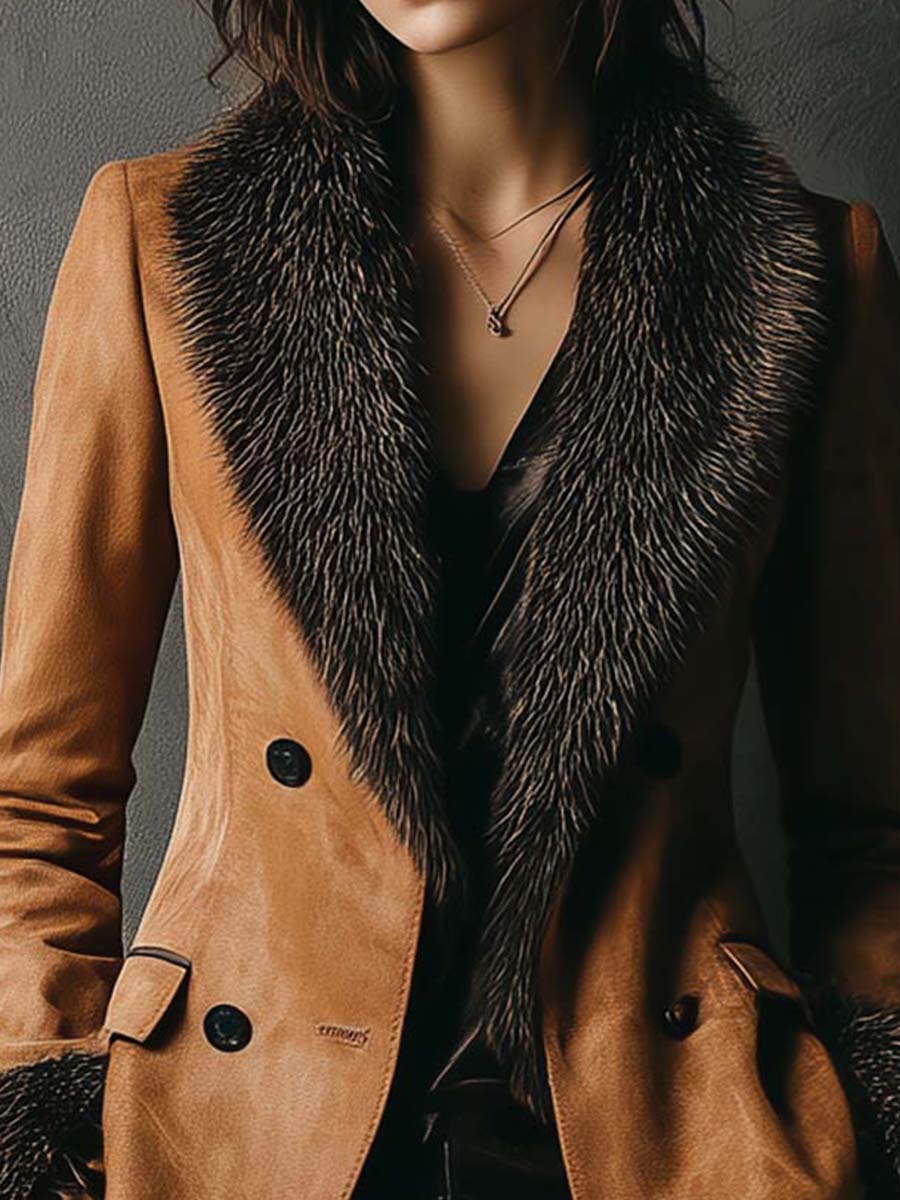 Eco-friendly Suede Double-Breasted Jacket With Faux Fur Collar & Cuffs