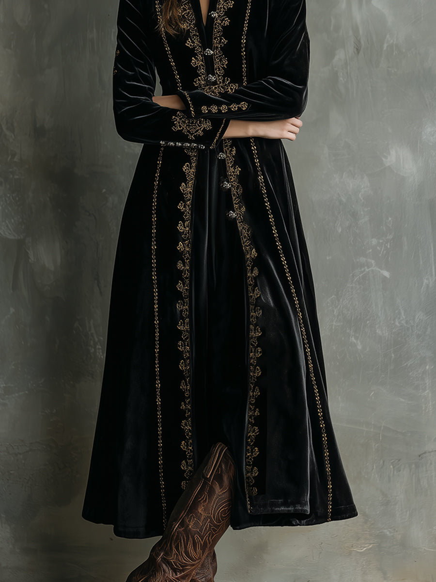Retro Velvet Embroidered Stand Collar Mid-length Coat