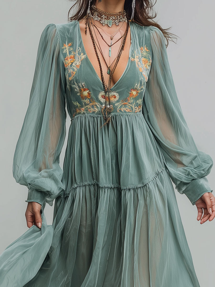 Retro Embroidered Chiffon Lantern Sleeve Maxi Dress