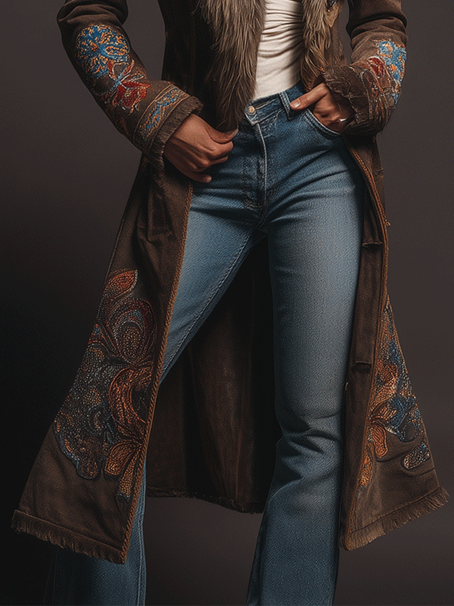 Retro Boho Brown EleganceEmbroidered Faux Fur Collar Long Coat