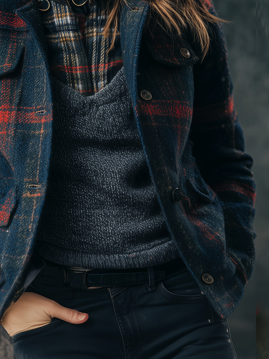 Stylish Navy Plaid Wool Jacket