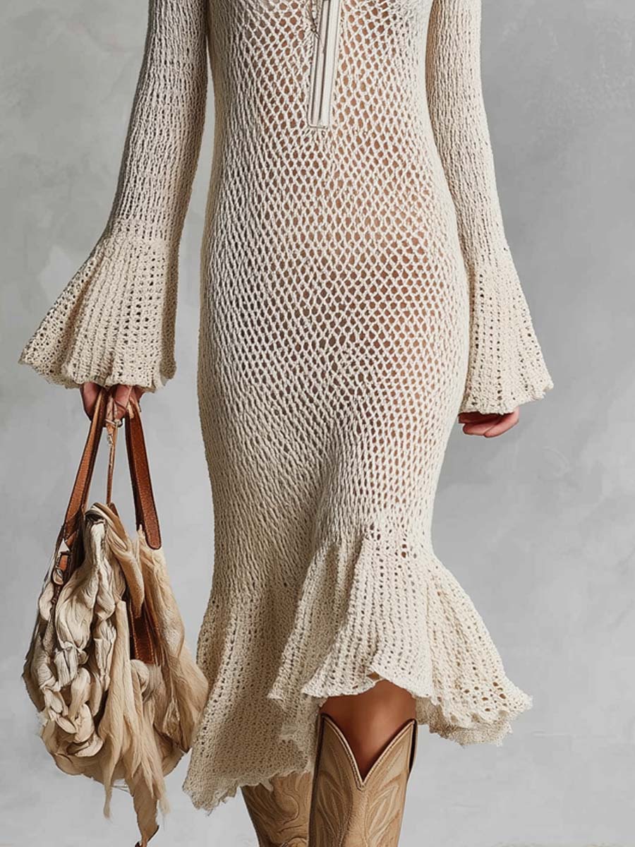 Retro Zipper Neck Flare Cuff Knitted Midi Dress