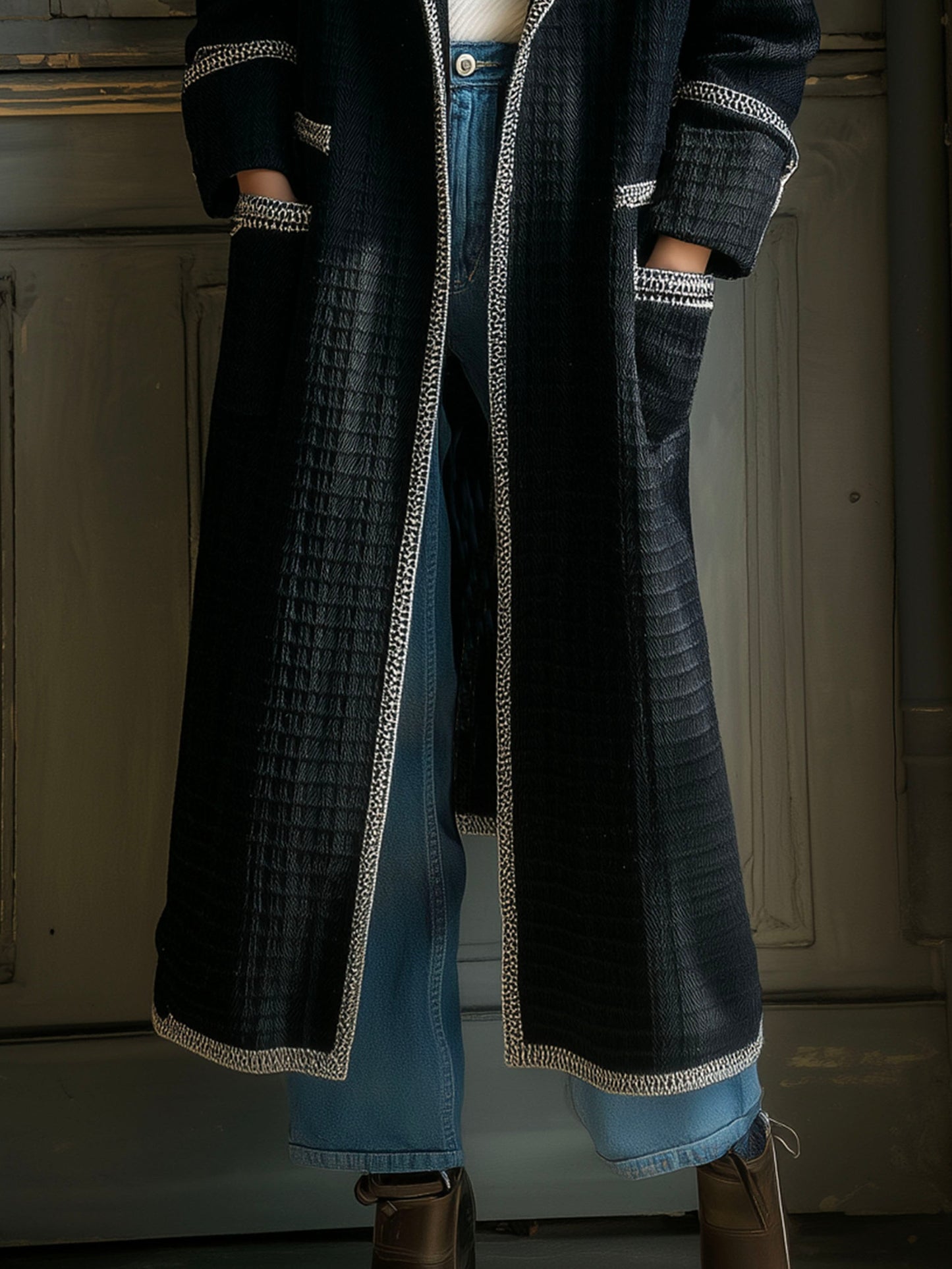 Elegant Textured Quilted Contrast Trim Long Coat With Pockets