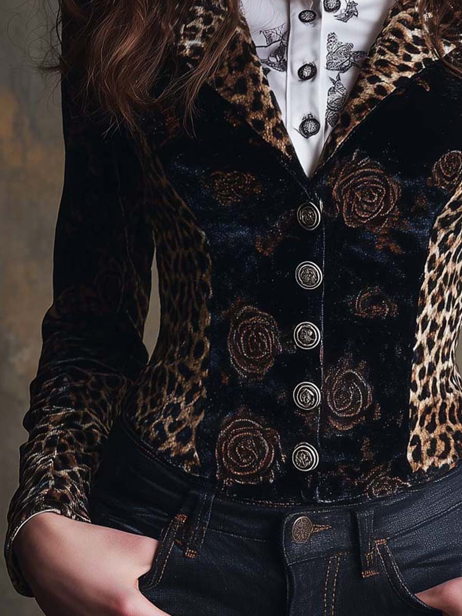 Vintage Floral And Leopard Print Velvet Blazer