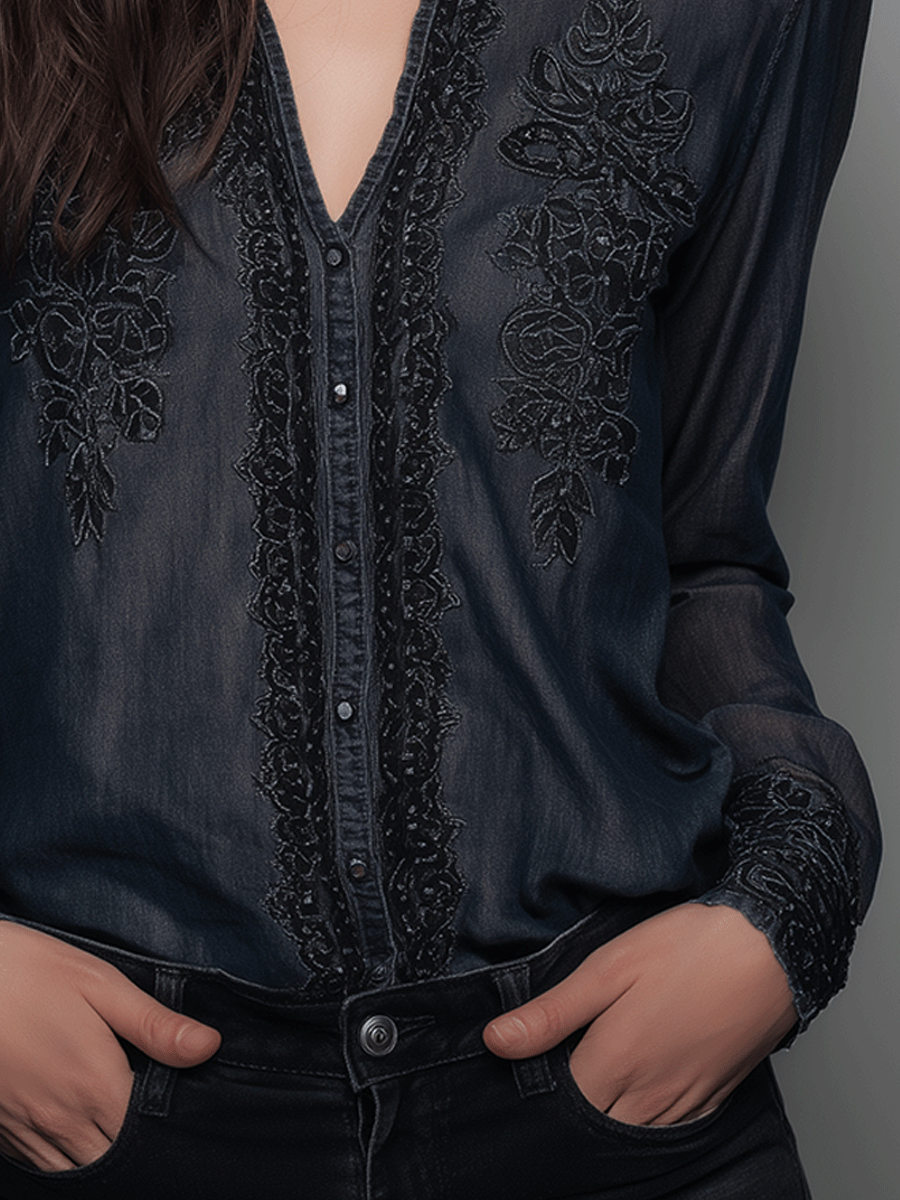 Elegant Dark Blue Chiffon Lace V-Neck Embroidered Shirt