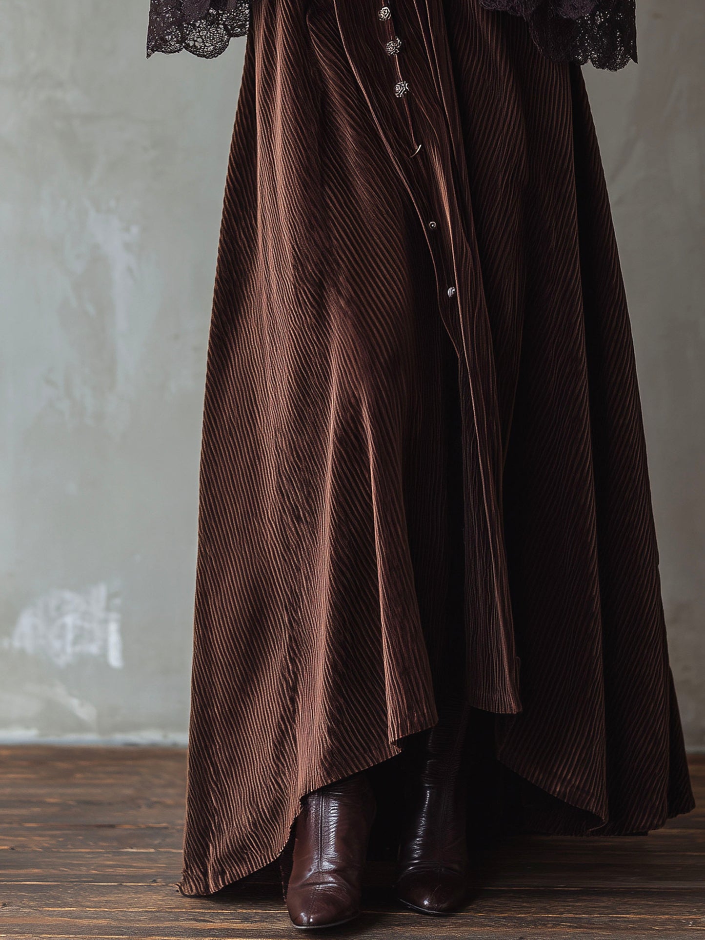 Vintage Chocolate Brown Velvet Flared Maxi Dress With Lace Cuffs