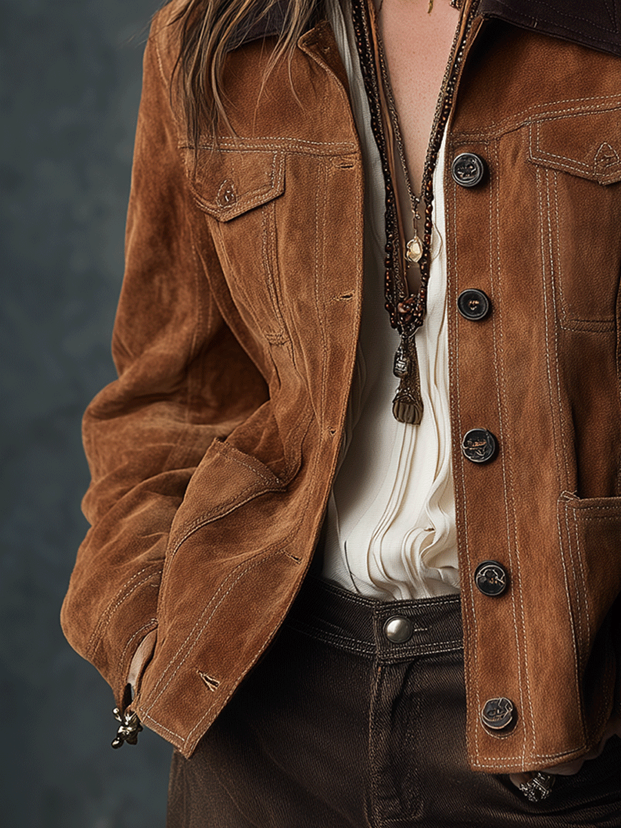 Vintage Caramel Eco-Sued Button-Down Contrast Collar Utility Jacket