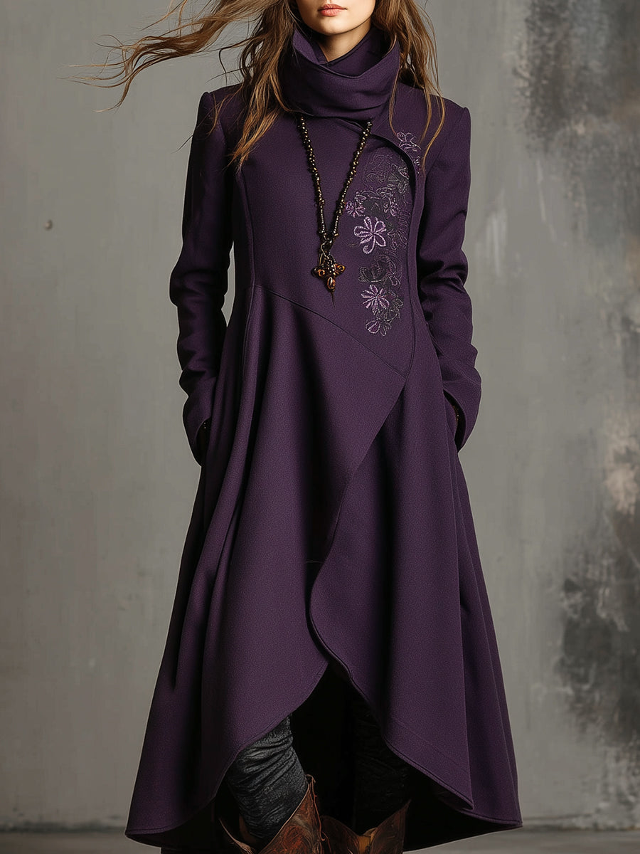 Retro Embroidered Ruffled High Low Hem Woolen Coat