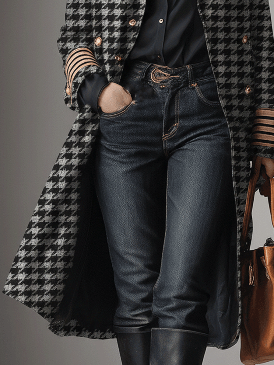 Retro Elegant Black And White Houndstooth Long Coat