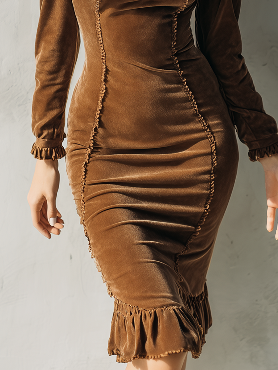 Retro Ruffled Slim-fit Polyester Velvet Mini Dress