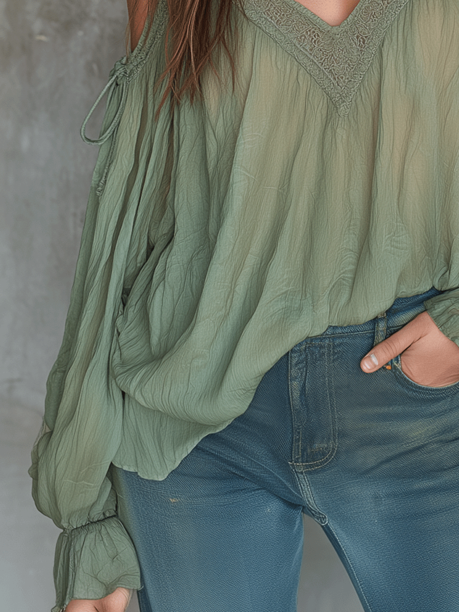 Boho V-Neck Off-Shoulder Lace Blouse