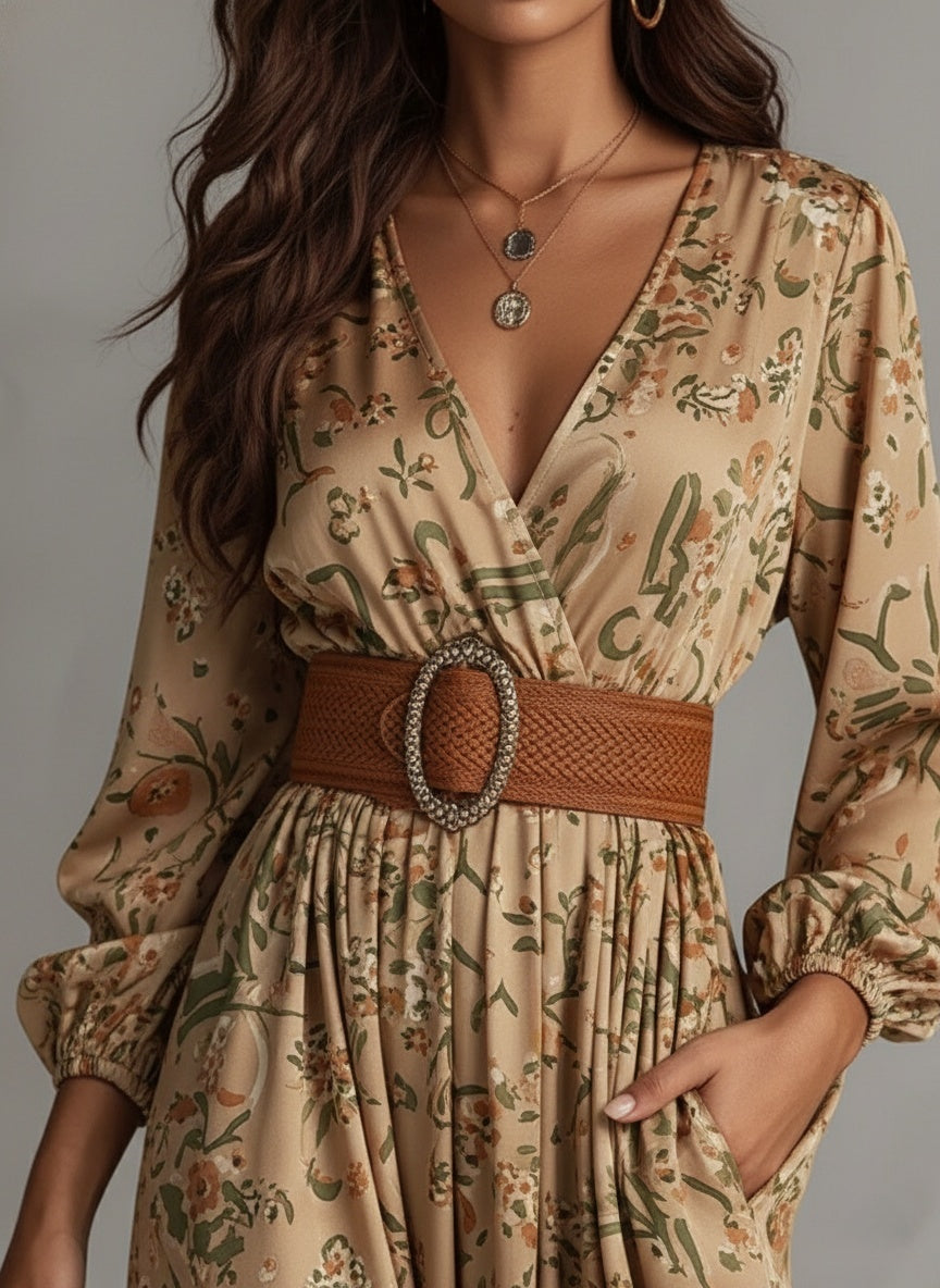 Boho Floral Print V-Neck Maxi Dress