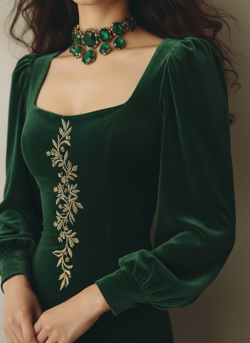 Emerald Green Velvet Square Neck Maxi Dress with Embroidered Detail