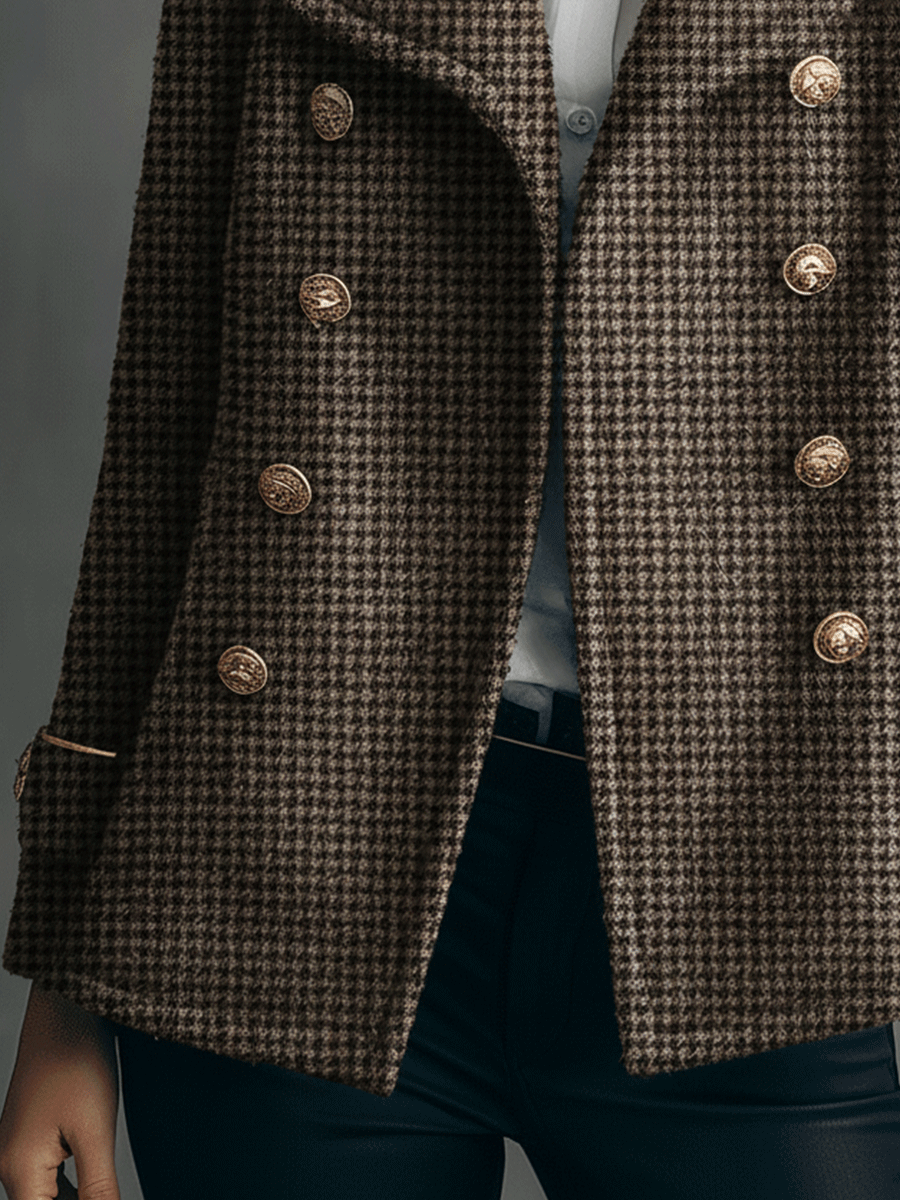 Classic Brown Houndstooth Wool Tailored Double-Breasted Design Coat